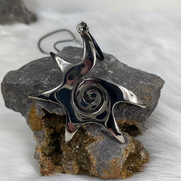 Silver Tone Modernist Swirl Sun Pendant Black Cord - Picture 2 of 6